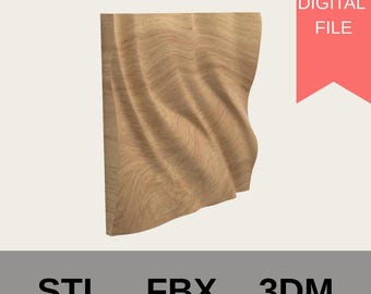 May include: A digitally rendered, light brown wooden panel with a flowing, wave-like design. The words "DIGITAL FILE" are in a red banner. Below the panel are the file type abbreviations: STL, FBX, and 3DM.