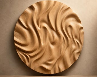 May include: A circular wooden wall panel featuring a 3D wavy, rippled texture. The text 120 cm, 3DM, FBX, STL, and Instant Download are visible. The design displays light brown wood grain patterns with deep, flowing curves across the surface.