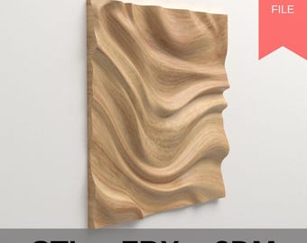 May include: A rectangular wooden panel with a carved, flowing wave design. The panel is light brown with visible wood grain and is mounted on a white wall. The words "STL", "FBX", and "3DM" are at the bottom, with "DIGITAL FILE" in a red banner.