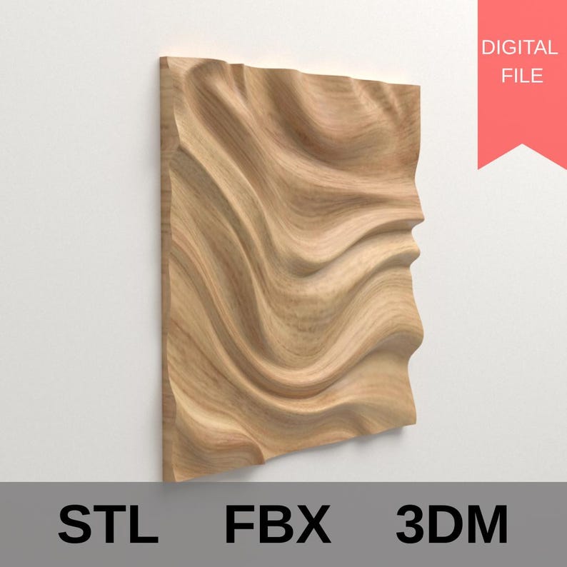 Pu&ograve; includere: Pannello rettangolare in legno chiaro scolpito con un motivo a onde. Il legno mostra venature visibili. Il pannello &egrave; fissato a una parete bianca. Le parole "STL", "FBX" e "3DM" sono in basso, con "DIGITAL FILE" su uno striscione rosso.