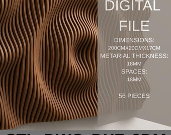 May include: A digitally designed wooden wall panel with a wave-like pattern. The dimensions are 200cm x 20cm x 17cm. The material thickness and spaces are 18mm. The image includes the text "DIGITAL FILE" and file type options: STL, DWG, DXF, 3DM.