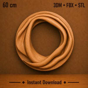 Può includere: Un'opera d'arte murale circolare in legno caratterizzata da un design astratto fluido e vorticoso con una finitura a venature marrone chiaro. L'immagine include il testo 60 cm, 3DM, FBX, STL e Instant Download per un oggetto di 60 cm.