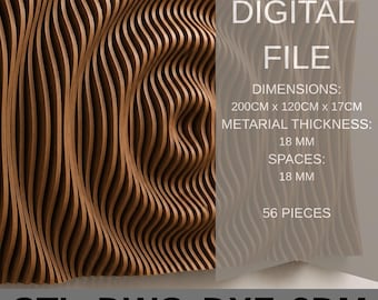 May include: A wooden wall art piece with a wave-like design. The digital file dimensions are 78.7 inches x 47.2 inches x 6.7 inches. The material thickness is 0.7 inches, with 0.7-inch spaces. The file includes 56 pieces and is available in STL, DWG, DXF, and 3DM formats.