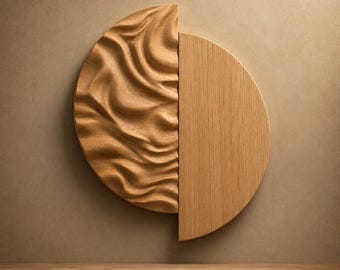May include: A circular wooden wall art piece divided into two halves. The left side features a carved, wavy, three-dimensional texture, while the right side is a flat, smooth wood grain surface. Text reads 120 cm, 3DM, FBX, STL, and Instant Download.