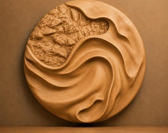 May include: A circular wooden wall art piece with a 60 cm diameter, featuring a textured, rugged upper section and smooth, flowing wave-like curves. The image includes the text 60 cm, 3DM, FBX, STL, and Instant Download for digital file access.