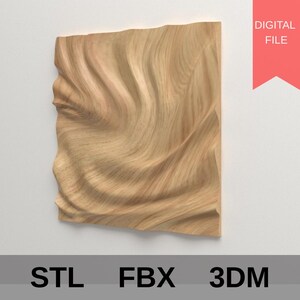 Può includere: Un'opera d'arte da parete rettangolare in legno marrone chiaro con un design a onde. L'opera d'arte presenta un motivo a venature naturali del legno e le parole "STL", "FBX" e "3DM" sono in basso. Un banner rosso con "FILE DIGITALE" è in alto a destra.
