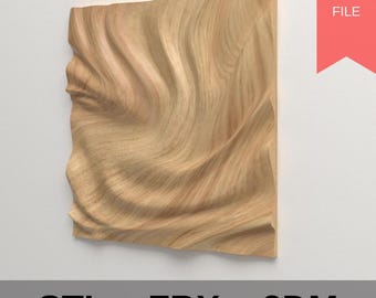 May include: A light brown, rectangular wooden wall art piece with a flowing, wave-like design. The artwork has a natural wood grain pattern and the words "STL", "FBX", and "3DM" are at the bottom. A red banner with "DIGITAL FILE" is in the upper right corner.
