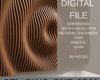 May include: A digitally designed wooden wall art piece with a wave-like pattern. The dimensions are 78.7 inches x 47.2 inches x 6.7 inches. The material thickness is 0.7 inches, with 0.7-inch spaces. The design includes 56 pieces. The file formats are STL, DWG, DXF, and 3DM.