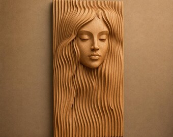 May include: A rectangular light brown wood-toned wall panel featuring a 3D relief carving of a face with long flowing hair. The text 60 cm, 3DM, FBX, STL, and Instant Download are visible. The design consists of vertical wavy lines.