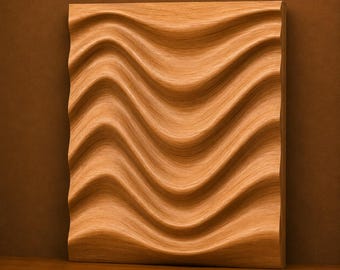 May include: A square wooden panel featuring a three-dimensional wavy, rippled surface texture. The panel displays the text 60 cm, 3DM, FBX, STL, and Instant Download. The wood grain is visible across the light brown, undulating surface.