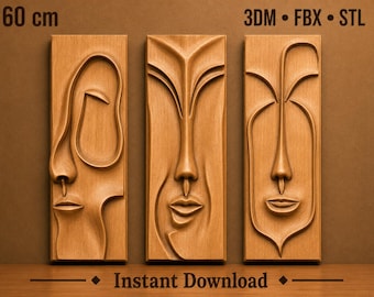 Abstract Faces Wood Carving Wall Art | CNC Router 3D Relief STL (Digital Download)