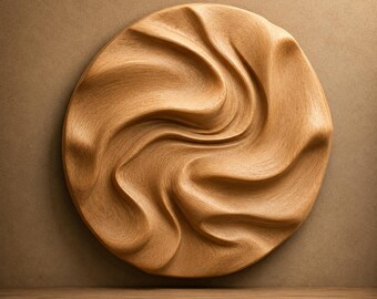 May include: A circular light brown wooden wall panel featuring a swirling, wave-like relief pattern. The image includes the text 120 cm, 3DM, FBX, STL, and Instant Download. The design displays a continuous, fluid texture across the surface.