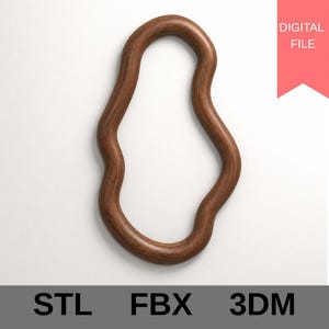 May include: A wooden, abstract-shaped frame with a natural wood grain finish. The frame has a flowing, organic design. The words "STL", "FBX", and "3DM" are at the bottom. A red banner in the top right corner reads "DIGITAL FILE".