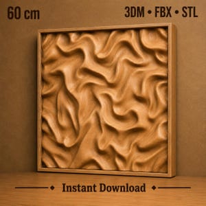Può includere: Un pannello da parete quadrato in legno con una texture ondulata in 3D all'interno di una cornice. Il testo 60 cm e 3DM • FBX • STL è visibile in alto, con il testo Instant Download in basso. Il pannello ha una finitura con venature del legno marrone chiaro.