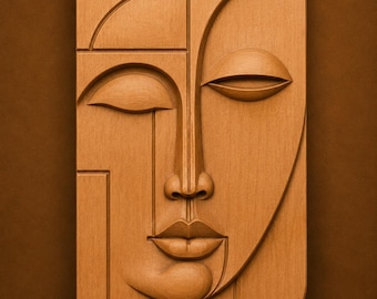 May include: A rectangular wooden wall panel featuring a carved abstract face with closed eyes and defined lips. The panel includes the text 60 cm, 3DM, FBX, STL, and Instant Download. The design uses geometric lines to segment the facial features.