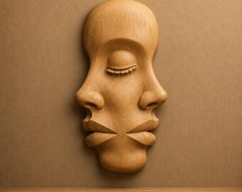 May include: A light brown wooden wall sculpture featuring two faces joined together in a symmetrical design. The text 60 cm and 3DM • FBX • STL appears at the top, with the text Instant Download at the bottom of the image.