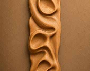 May include: A light brown wooden wall panel featuring a vertical, fluid, and organic wave-like relief pattern with deep recessed circular indentations. The text 60 cm, 3DM, FBX, STL, and Instant Download are visible on the image.