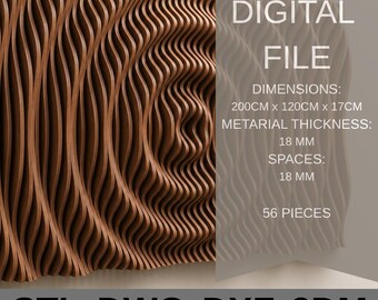 May include: A brown, wave-patterned wall art piece. The digital file dimensions are 200cm x 120cm x 17cm. The material thickness is 18 mm, with 18 mm spaces. The design consists of 56 pieces. The image also includes the text "DIGITAL FILE" and "STL DWG DXF 3DM".