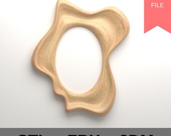 May include: A light-colored wooden frame with an organic, flowing shape. The frame has an oval opening and is labeled "STL", "FBX", and "3DM" at the bottom, with "DIGITAL FILE" in a red banner. The frame is set against a white background.
