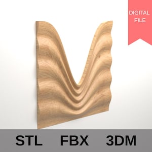 Può includere: Un'opera d'arte da parete in legno con un design a forma di onda. Il pezzo è marrone chiaro e ha una superficie strutturata. Le parole "STL", "FBX" e "3DM" sono in basso. Un banner rosso con le parole "FILE DIGITALE" è in alto a destra.