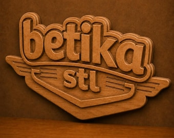 May include: A three-dimensional wooden wall sign featuring the text betika stl in a bold, rounded font. The design includes a stylized wing element extending from the sides of the lower text, all rendered in a natural brown wood grain finish.