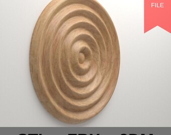 May include: A light brown, wooden, circular wall decor with a spiral design. The words "DIGITAL FILE" are in a red rectangle. The words "STL", "FBX", and "3DM" are at the bottom.