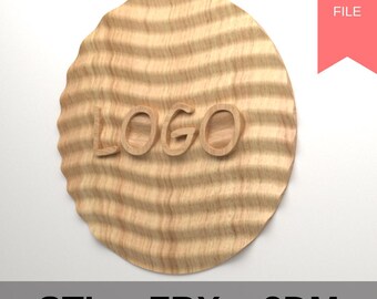May include: A wooden, circular design element with a wavy texture. The word "LOGO" is carved into the wood. The top right corner has a red banner that says "DIGITAL FILE". The bottom has the words "STL", "FBX", and "3DM".