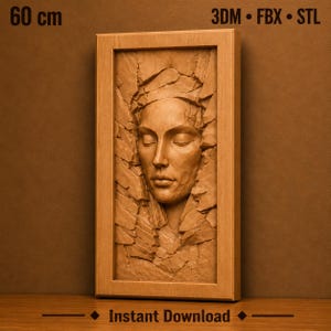 3D-ansiktsrelief STL-fil | CNC-träsnideriväggkonst (digital nedladdning)