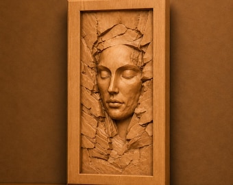 May include: A rectangular wooden wall art piece featuring a high-relief carving of a human face emerging from cracked stone fragments. The artwork is framed in wood and includes the text 60 cm, 3DM, FBX, STL, and Instant Download.