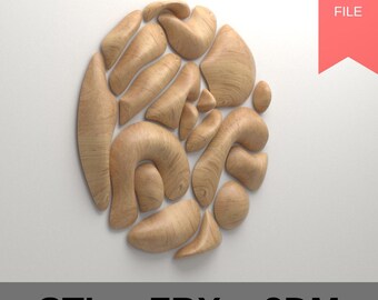 May include: A collection of light brown, wooden, abstract shapes arranged in a circular pattern. The image includes the text "STL", "FBX", and "3DM" at the bottom, and "DIGITAL FILE" in a red rectangle in the upper right corner.