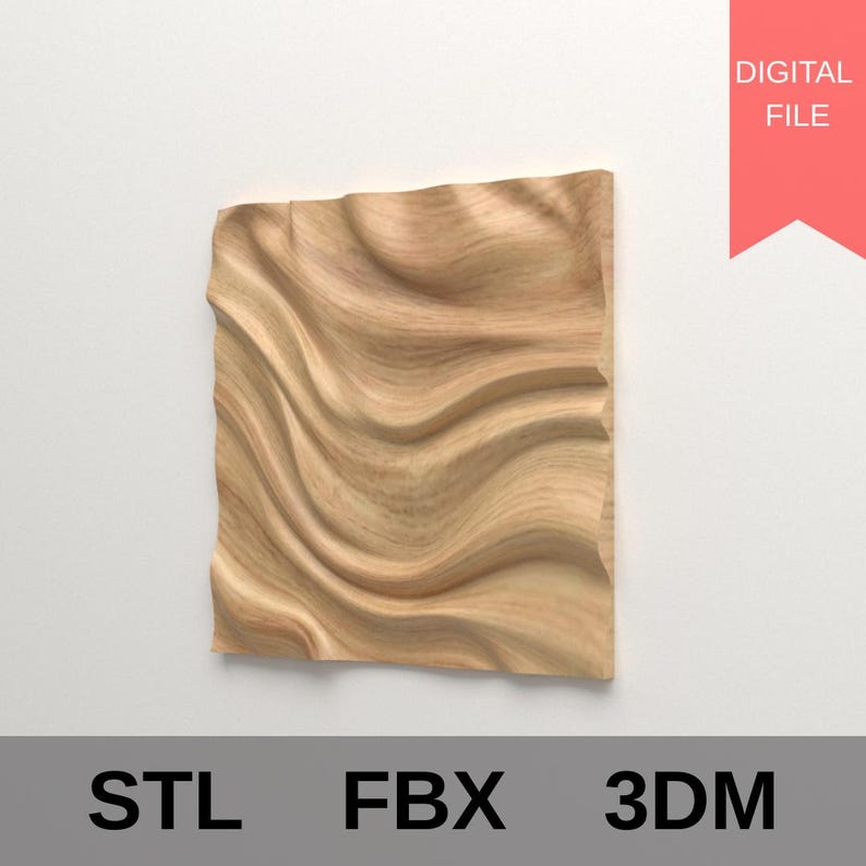 Pu&ograve; includere: Un pannello quadrato in legno con un motivo a onde scolpito sulla sua superficie. Il pannello &egrave; di colore marrone chiaro e presenta una venatura naturale del legno. Le parole "STL", "FBX" e "3DM" sono in basso. Un banner rosso a destra dice "FILE DIGITALE".