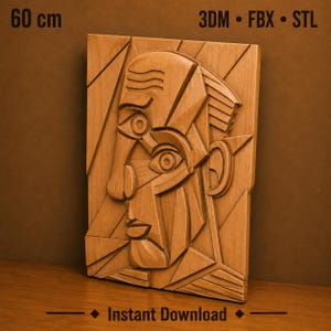 Picasso ansiktsrelief STL-fil | CNC-träsnideri väggkonst (digital nedladdning)