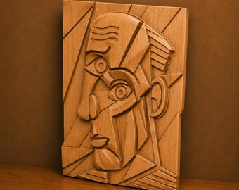 May include: A light brown wooden wall plaque featuring a 3D relief carving of a stylized human face in profile with geometric lines. The text 60 cm, 3DM, FBX, STL, and Instant Download are visible on the image, indicating a digital file format.