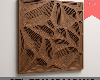 May include: A square, wooden wall art piece with a layered, geometric design. The artwork is a warm brown color and features a series of nested shapes. The text "STL FBX 3DM DWG" is at the bottom, and "DIGITAL FILE" is in the upper right corner.