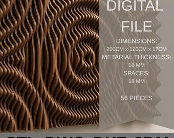 May include: A digitally designed, wavy wooden wall panel. The panel is brown and has a textured, three-dimensional appearance. The dimensions are 200cm x 120cm x 17cm. The text on the image reads "DIGITAL FILE" and "STL DWG DXF 3DM".