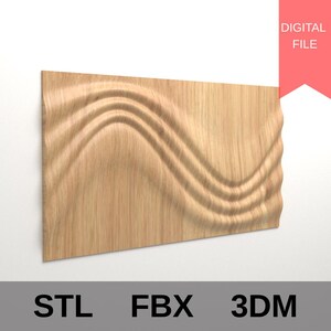 Può includere: Pannello in legno chiaro con un design a forma di onda intagliato sulla superficie. Il pannello ha una forma rettangolare con un motivo strutturato tridimensionale. Le parole "STL", "FBX" e "3DM" sono visualizzate in basso, con l'etichetta "FILE DIGITALE" in alto a destra.