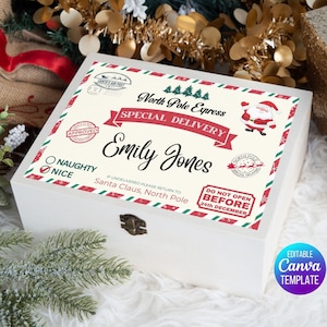 Etiqueta de caja de Nochebuena editable y hoja de regalo de Nochebuena, caja de Nochebuena de Papá Noel, kit de bricolaje imprimible personalizado, descarga digital editable