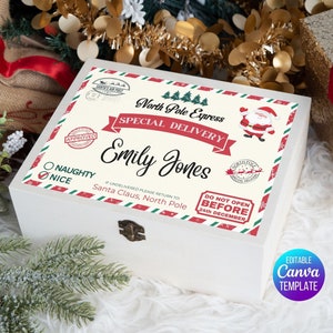 Etiqueta editable de la caja de Nochebuena, caja de Nochebuena de Santa, kit de bricolaje imprimible de Navidad personalizado, descarga digital editable, plantilla Canva