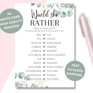 Hen Party Game Would She Rather, Bridal Shower Games, Bride to be Hen Night Games, Bridal Party Funny Hen Game, Bachelorette Party, EHP1