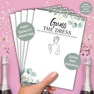 Guess the Dress Hen Party Game | A5 Printed Cards | Fun Bridal Shower Activity | Eucalyptus Design | Wedding Dress Drawing Game