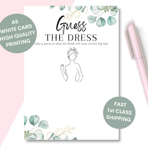 Guess the Dress Hen Party Game | A5 Printed Cards | Fun Bridal Shower Activity | Eucalyptus Design | Wedding Dress Drawing Game