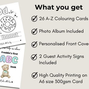 May include: Two white cards with illustrations and text. One card says "Dd is for... Donut" with a donut illustration. The other card says "Freddie's first ABC book" with a teddy bear illustration. The text "What you get" is at the top.
