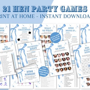 21 Hen Party Games, Blue Bow Bridal Shower Games Bundle, Bachelorette Bride to be Hen Night Keepsake Cards Accessories, Dirty Rude Hen Games