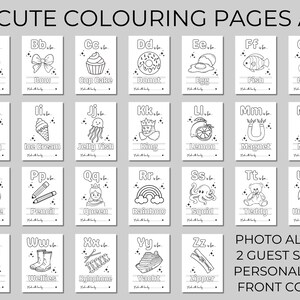 Puede incluir: Un conjunto de 26 p&aacute;ginas para colorear, cada una con una letra del alfabeto y una imagen relacionada, como una manzana para 'A' y una guitarra para 'G'. Las p&aacute;ginas est&aacute;n dise&ntilde;adas para ni&ntilde;os e incluyen el texto "26 CUTE COLOURING PAGES A-Z".