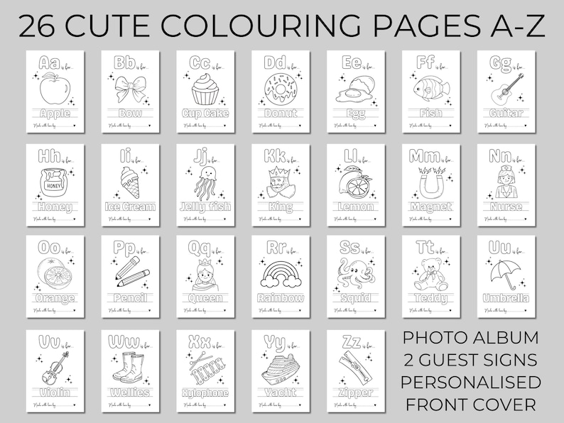 Puede incluir: Un conjunto de 26 p&aacute;ginas para colorear, cada una con una letra del alfabeto y una imagen relacionada, como una manzana para 'A' y una guitarra para 'G'. Las p&aacute;ginas est&aacute;n dise&ntilde;adas para ni&ntilde;os e incluyen el texto "26 CUTE COLOURING PAGES A-Z".