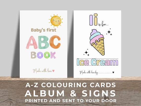 Printed Baby Shower ABC Colouring Pages with Photo Album and Guest Signs, Physical Alphabet Colouring Activity & Keepsake Baby Shower Book