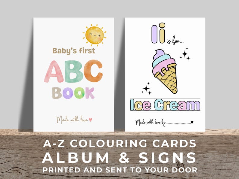 Printed Baby Shower ABC Colouring Pages with Photo Album and Guest Signs, Physical Alphabet Colouring Activity & Keepsake Baby Shower Book