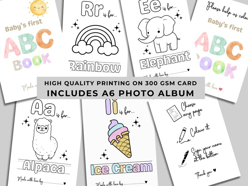 Puede incluir: Un conjunto de tarjetas blancas con ilustraciones y texto para el primer libro ABC de un beb&eacute;. Las tarjetas incluyen im&aacute;genes de un sol, un arco&iacute;ris, un elefante, una alpaca y un helado. El texto incluye "Baby's first ABC Book" y "Impresi&oacute;n de alta calidad en tarjeta de 300 GSM incluye &aacute;lbum de fotos A6."