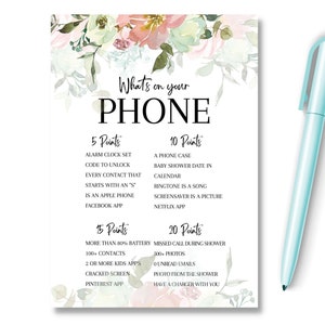 Jeu de douche de bébé floral Ce qui est sur votre téléphone, Nouvelle maman à révéler le genre, Idées de fêtes, Conseils de prédiction, Douche de bébé neutre unisexe, RBS1