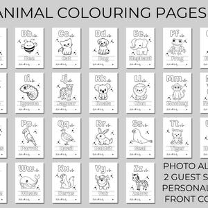 Puede incluir: Un conjunto de 26 p&aacute;ginas para colorear animales, cada una con una letra del alfabeto y una ilustraci&oacute;n de animal. Incluye un &aacute;lbum de fotos, letreros para invitados y una portada personalizada.